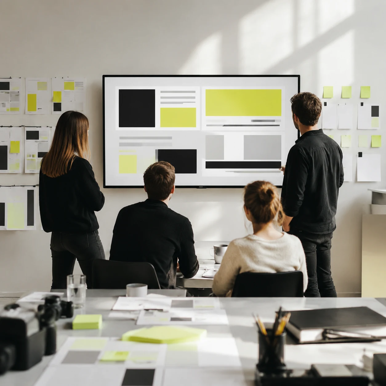 Agency team reviewing campaign layouts on a large screen in a bright studio