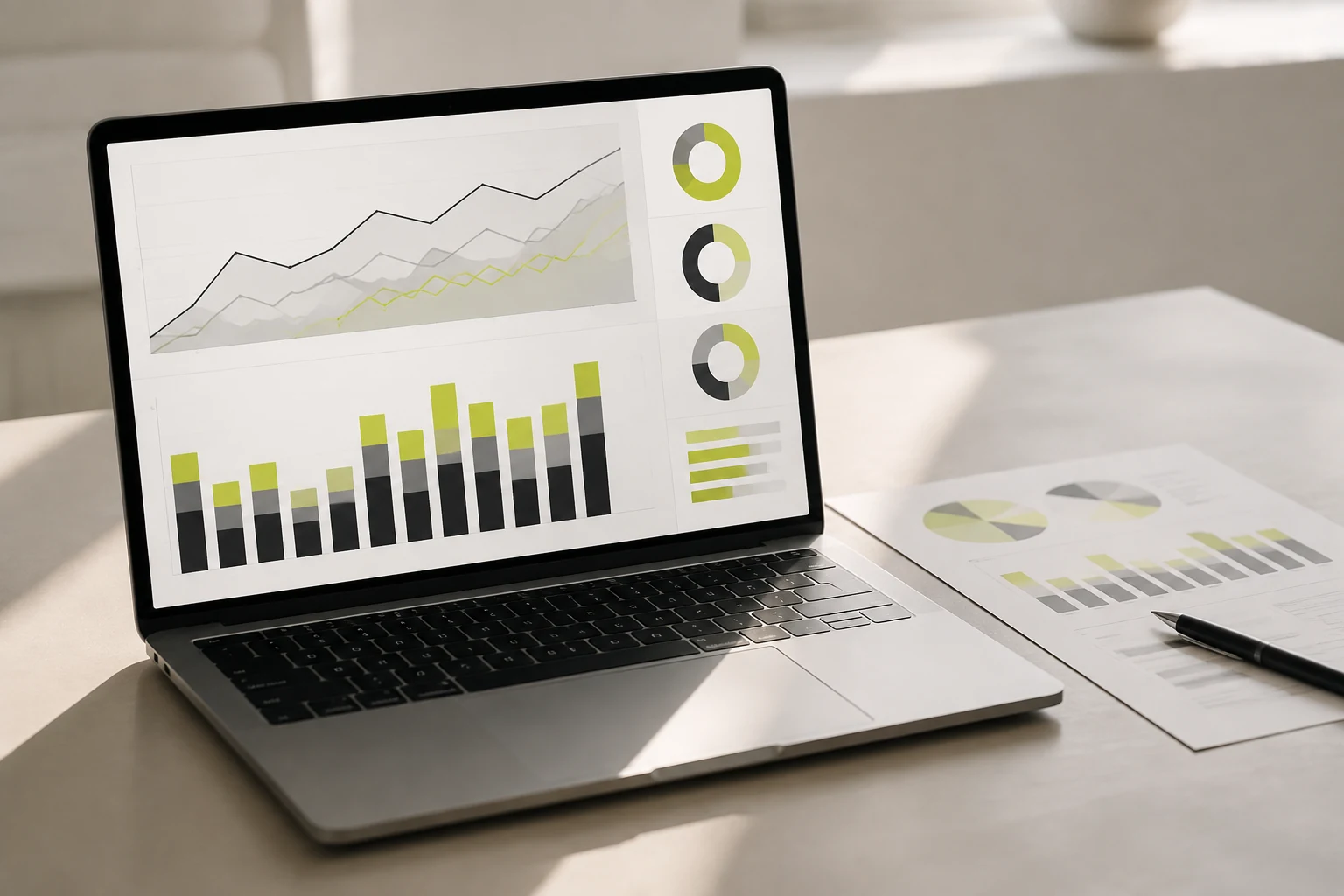 Analytics dashboard and campaign charts open on a laptop screen