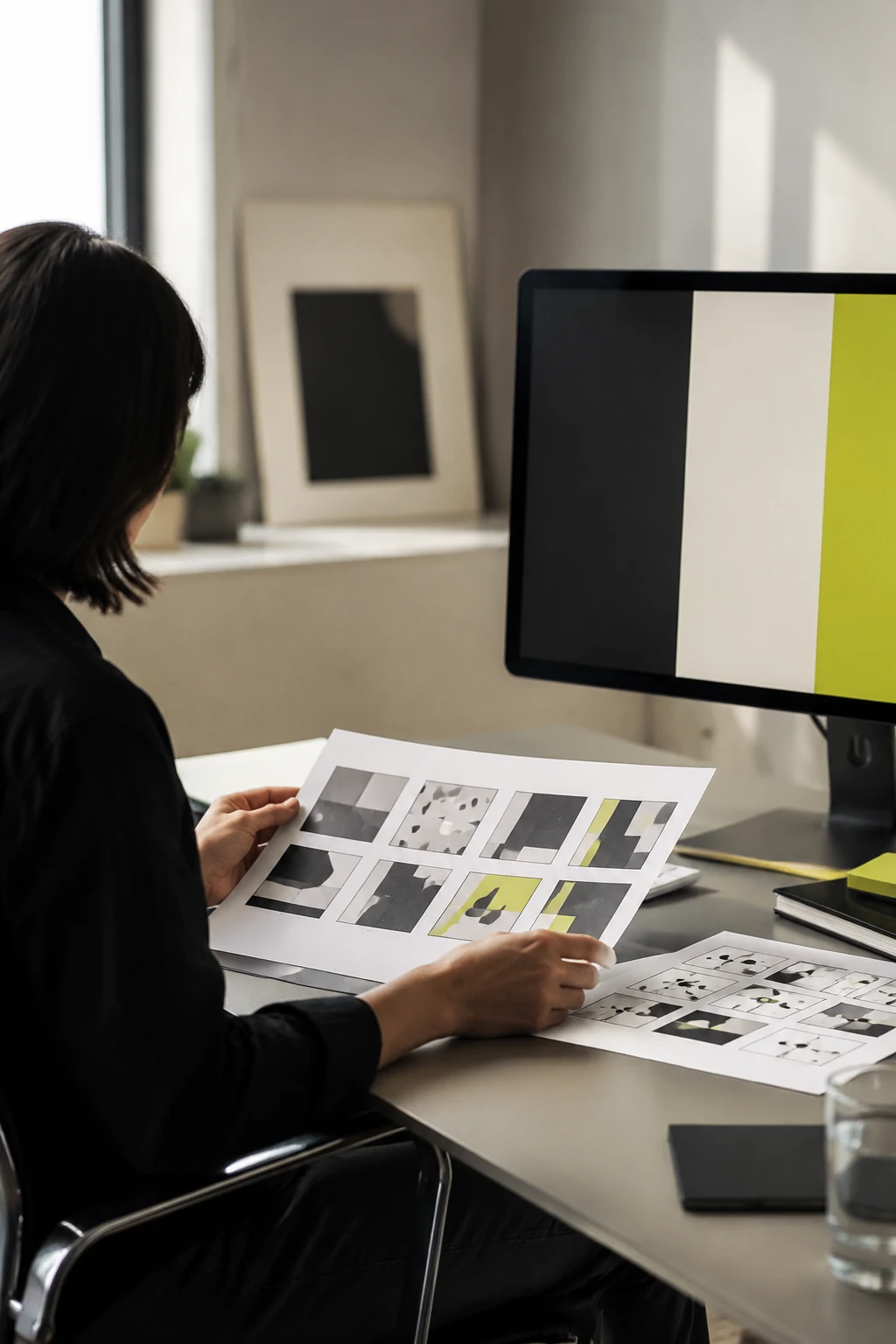 Creative director reviewing layouts and storyboards at an edit desk
