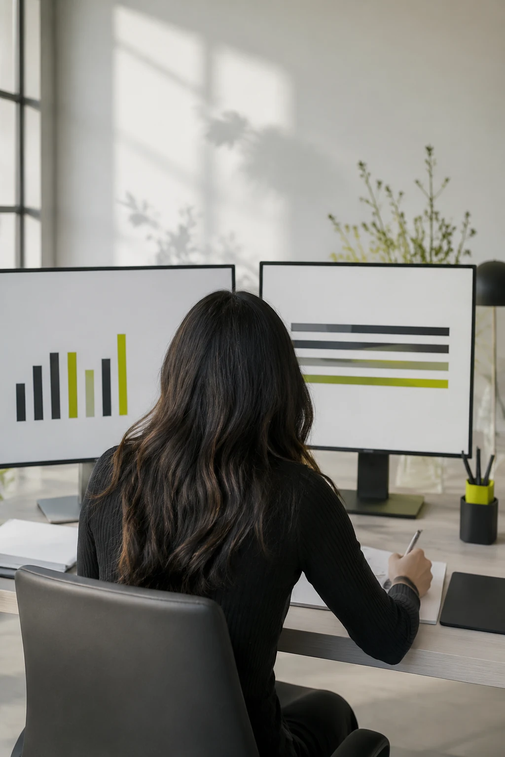 Performance specialist checking campaign metrics on two screens
