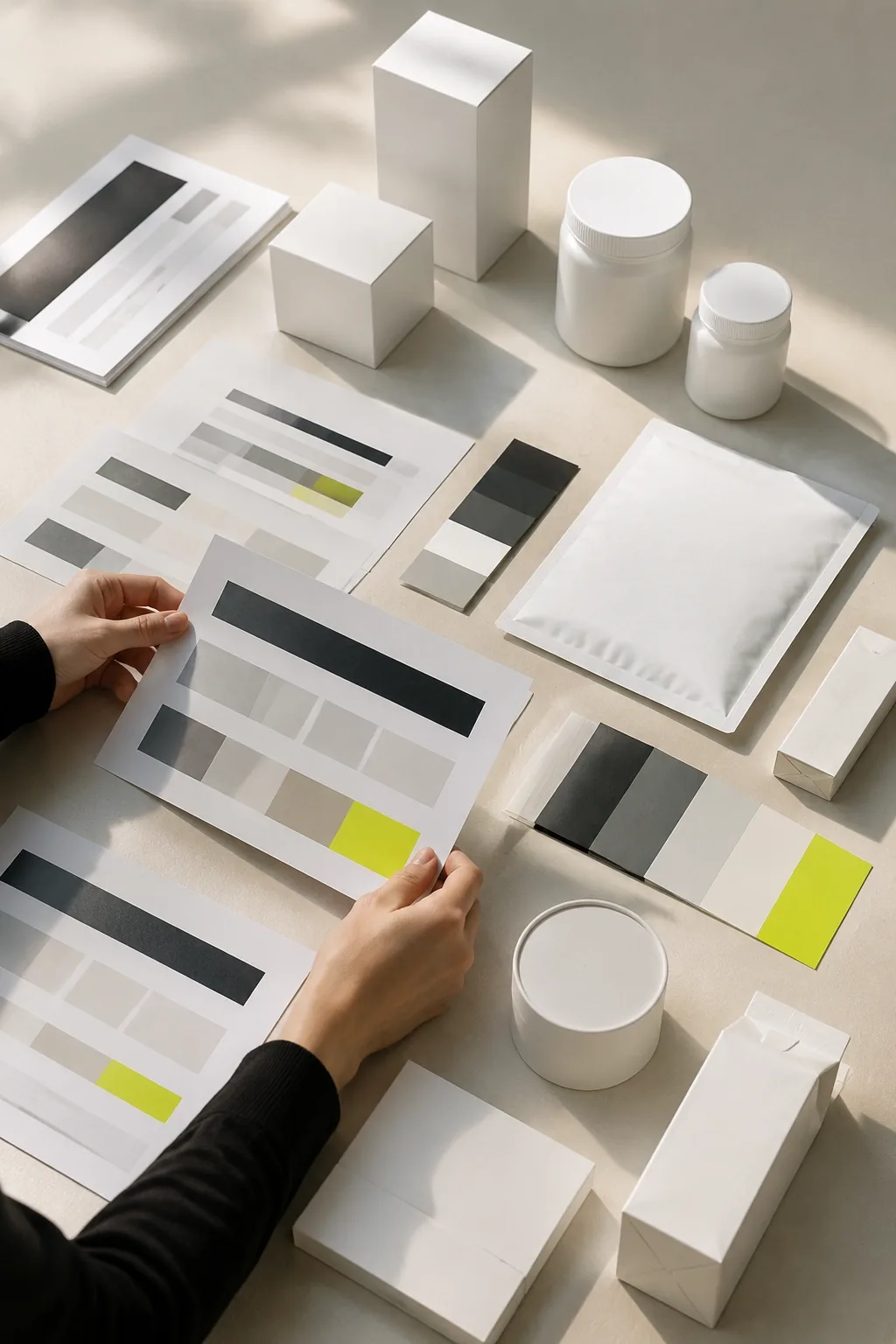 Printed brand guidelines and packaging mock-ups laid out on a studio table