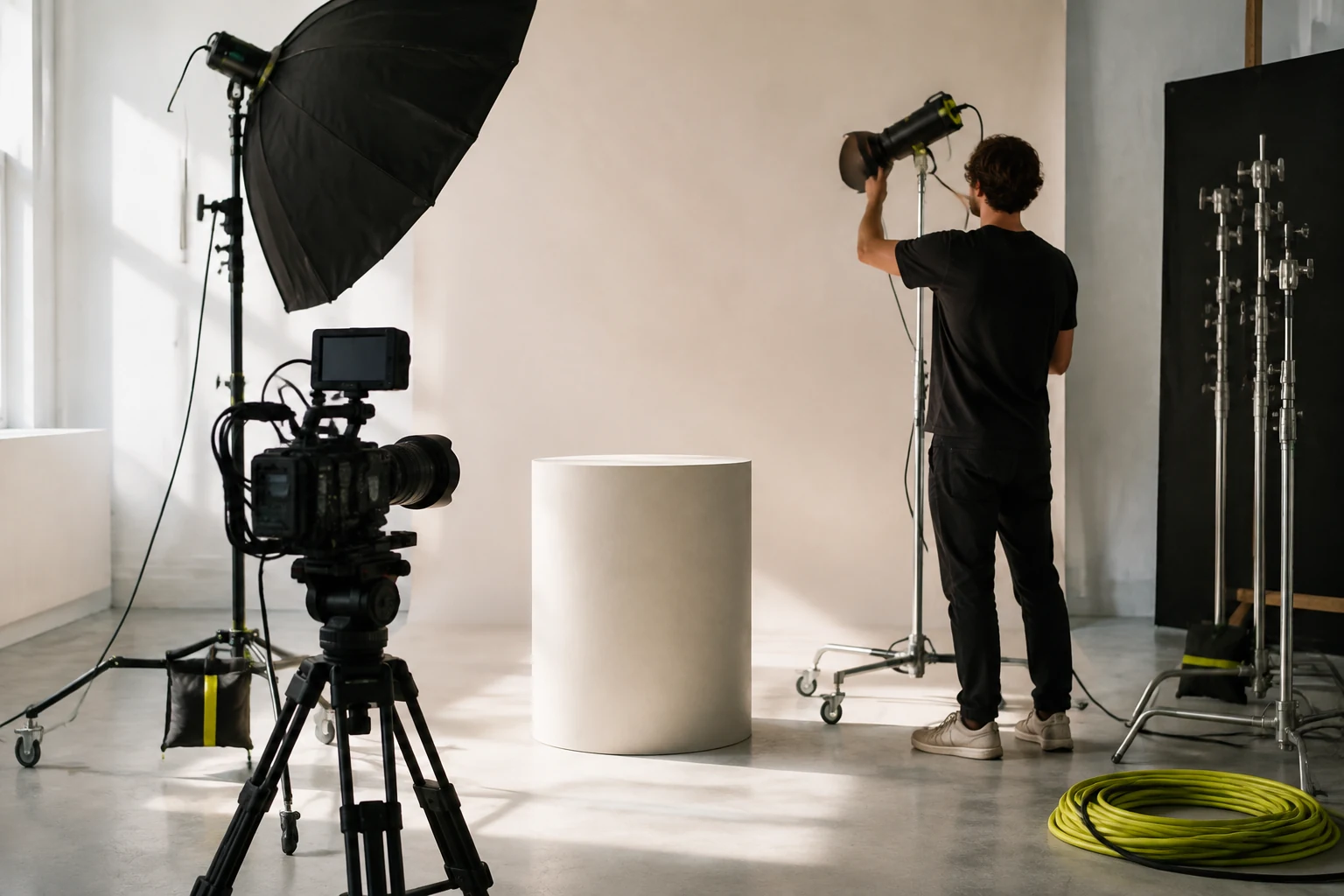 Film set with lighting rig and camera prepared for a product shoot