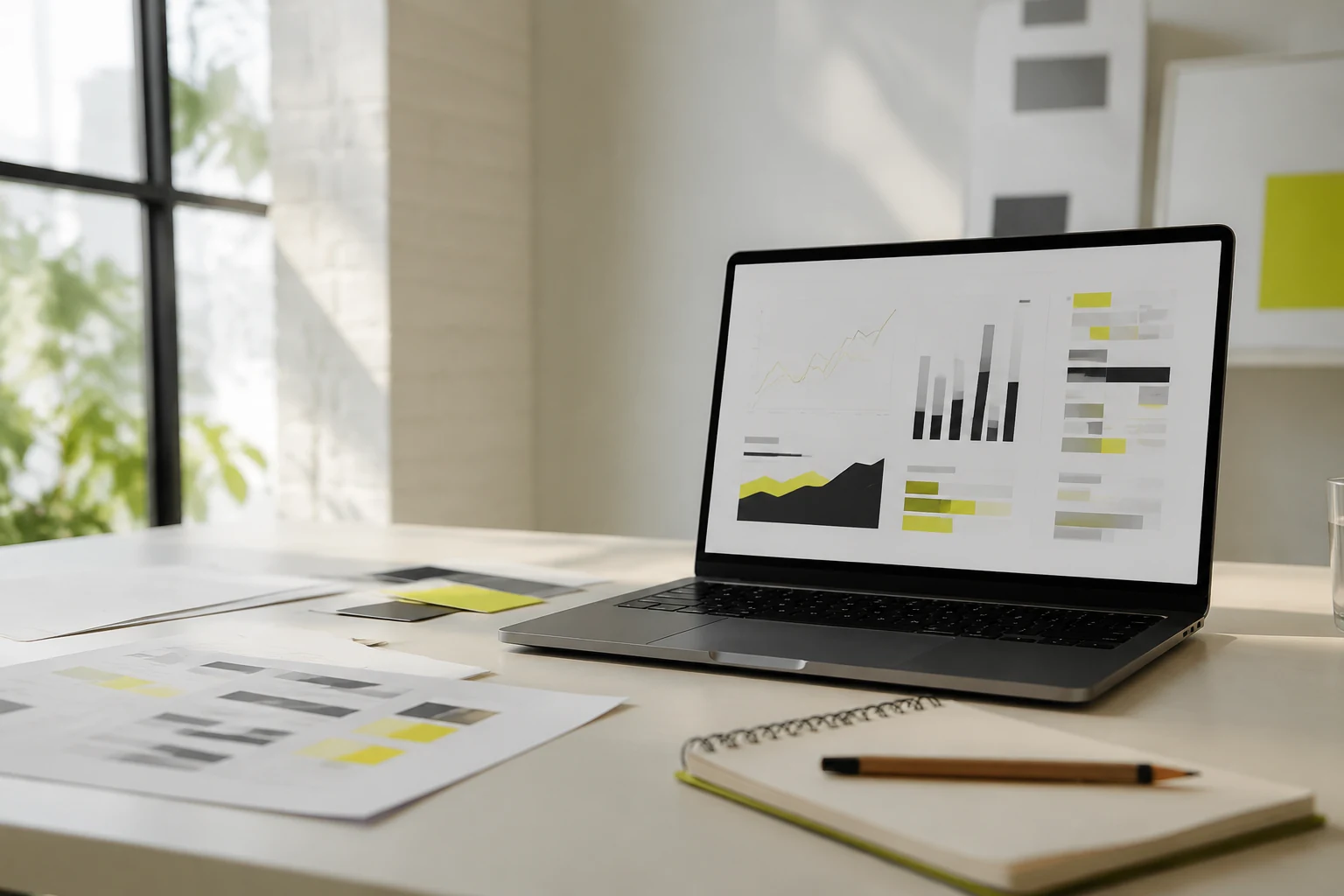 Laptop showing a marketing analytics dashboard beside printed campaign plans