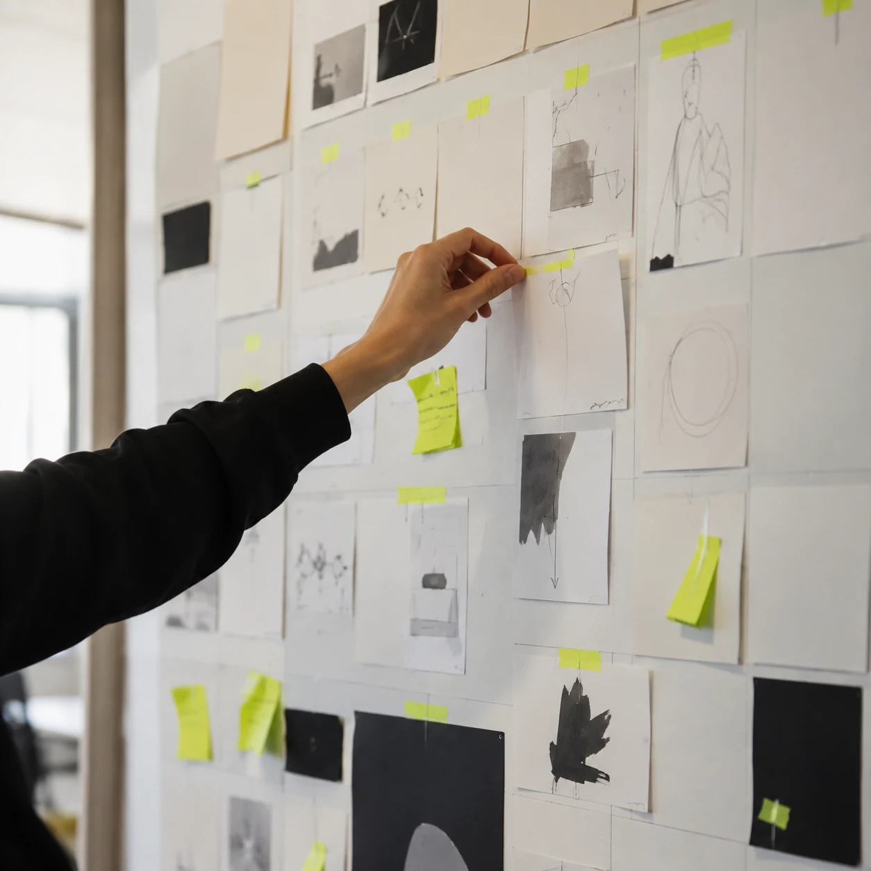 Storyboard sticky notes and campaign sketches pinned across a studio wall